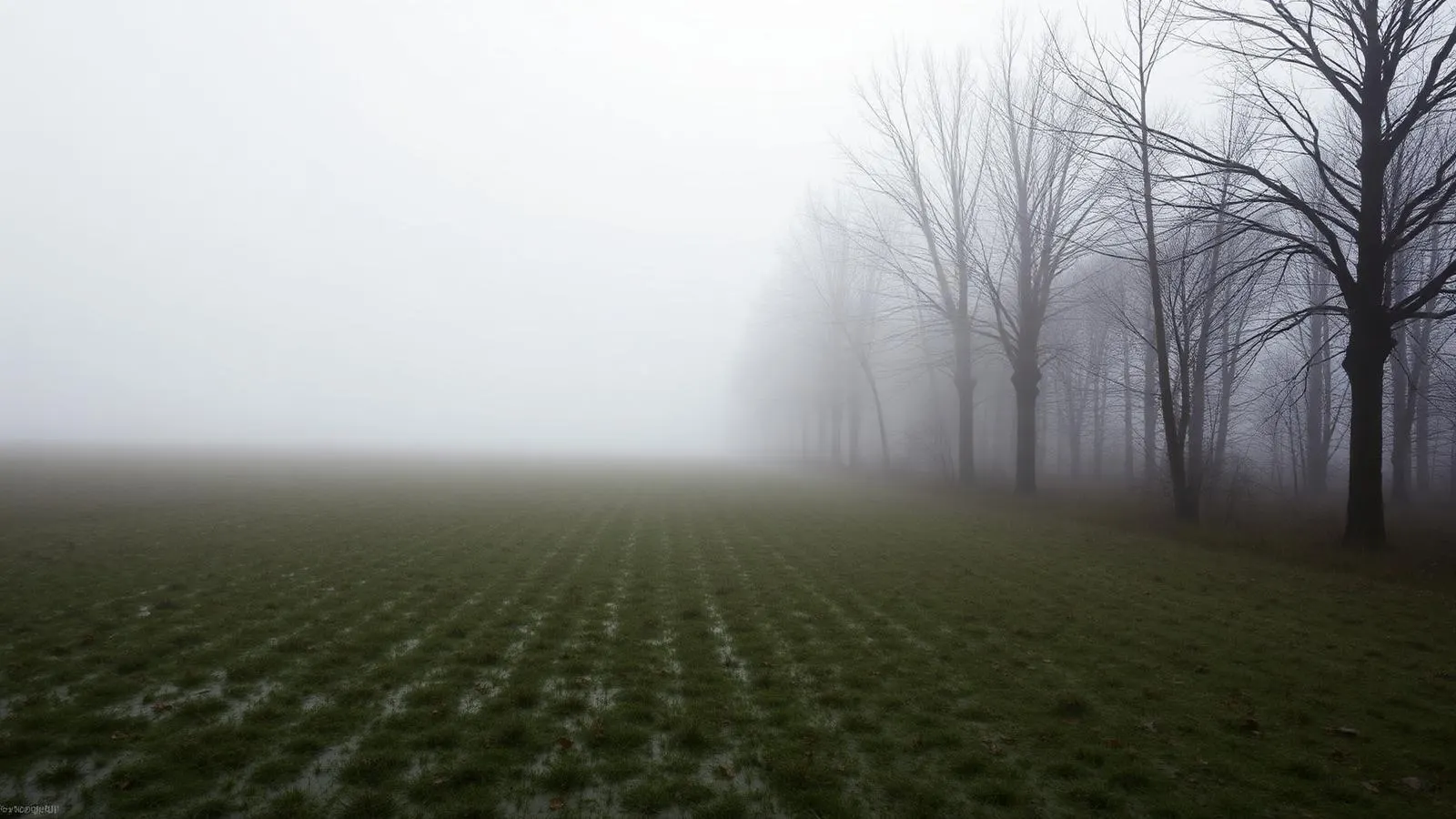 Nederlandse herfst: vochtige weide met kale bomen en lichte mist onder grijs licht