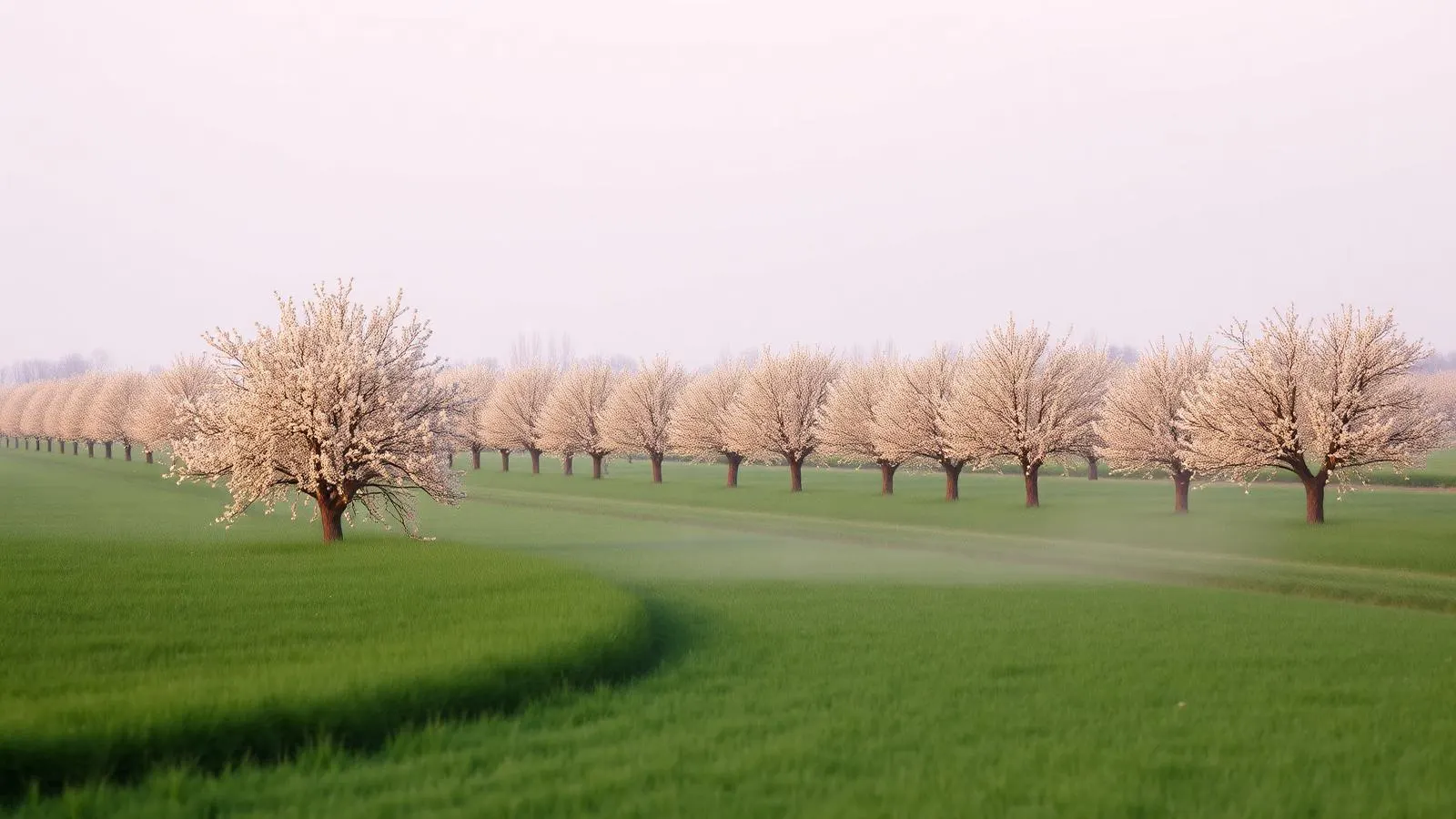 Nederlandse lente: bloeiende fruitbomen in een polder onder zacht ochtendlicht